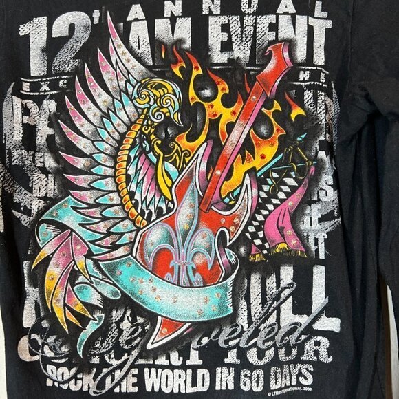 Vintage Black Mini Dress Tunic Top Rock Swarovski Rhinestone Retro Winged Guitar - Picture 7 of 12